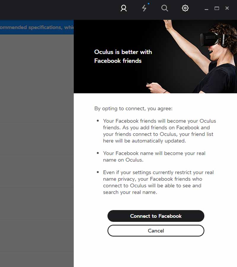 Facebook möchte, dass ihr den Facebook-Account mit Oculus VR verknüpft. Bild: Eigener Screenshot