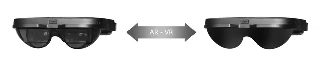 Ein Linsenaufsatz soll aus der transparenten AR-Brille eine blickdichte VR-Brille machen. Bild: AntVR
