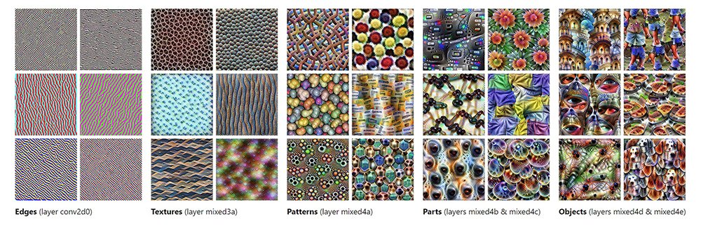 Jede Schicht eines tiefen neuronalen Netzes kann eigene Bildinformationen analysieren: Ränder, Texturen und Muster bis hin zu Objekten. Bild: Distil.