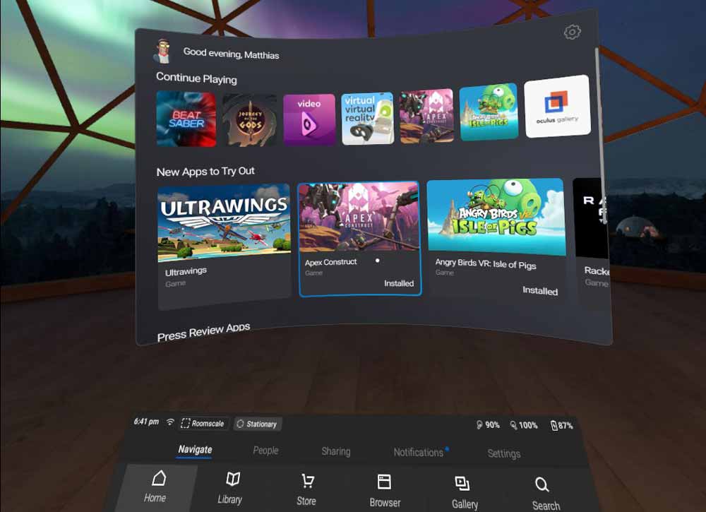 Mit über 50 Apps hat Oculus Quest quantitativ ein beeindruckendes Launch-Lineup. Viele der Spiele sind allerdings schon von anderen VR-Brillen bekannt. Hits wie Beat Saber, Superhot und Virtual Virtual Reality sind die Highlights. Bild: Screenshot