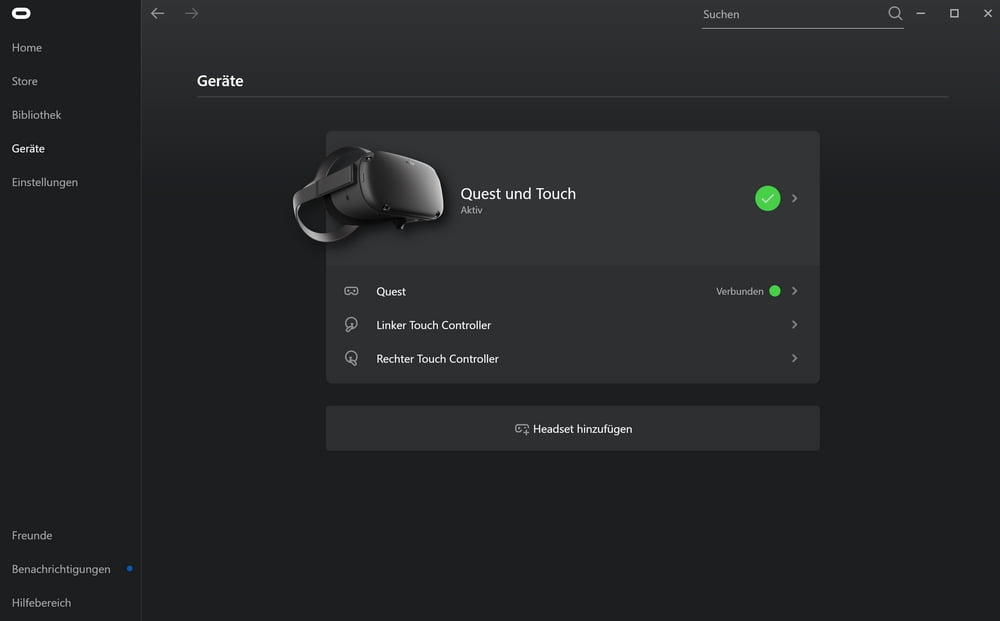 Oculus Quest aktiv - Anzeige in Oculus Desktop App