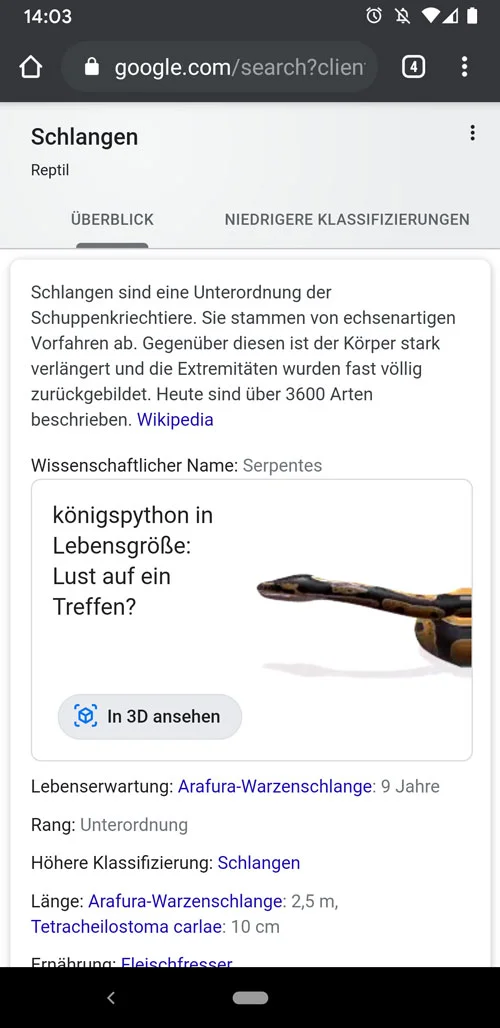 Googles AR-Suchergebnisse sind jetzt in Deutschland verfügbar. Bild: Screenshot