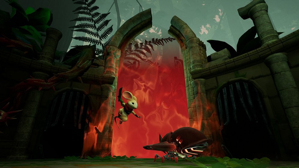 Maus Quill springt im VR-Hit Moss vor einem Portal mit Schwert auf Metallkäfer zu