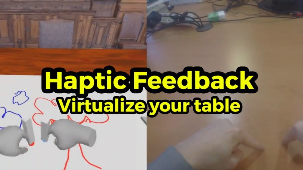 Eine Person malt etwas in VR und bekommt gleichzeitig haptisches Feedback vom Tisch