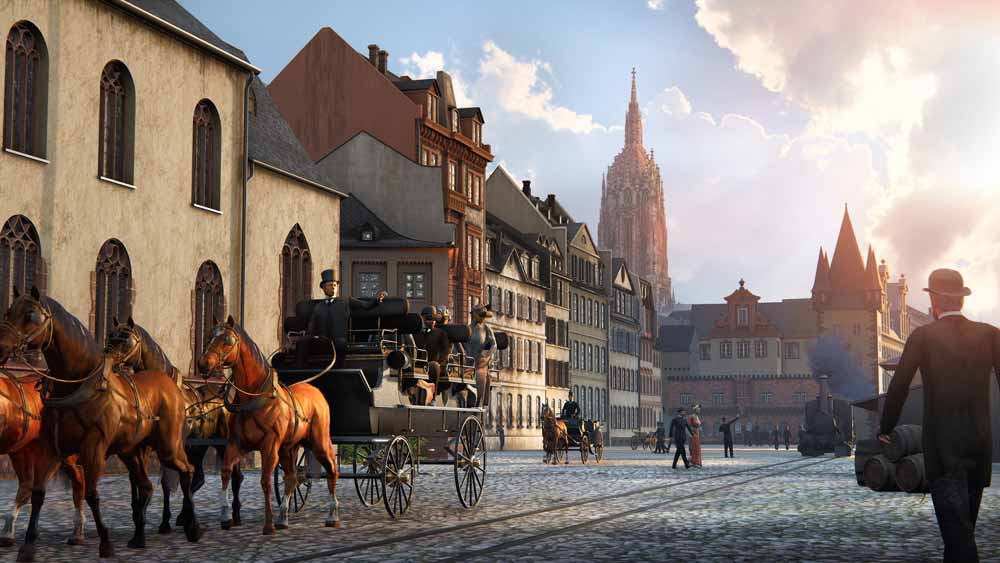 VR-Kutschfahrt durch das historische Frankfurt. Im Hintergrund sieht man den Dom. Bild: Timeride