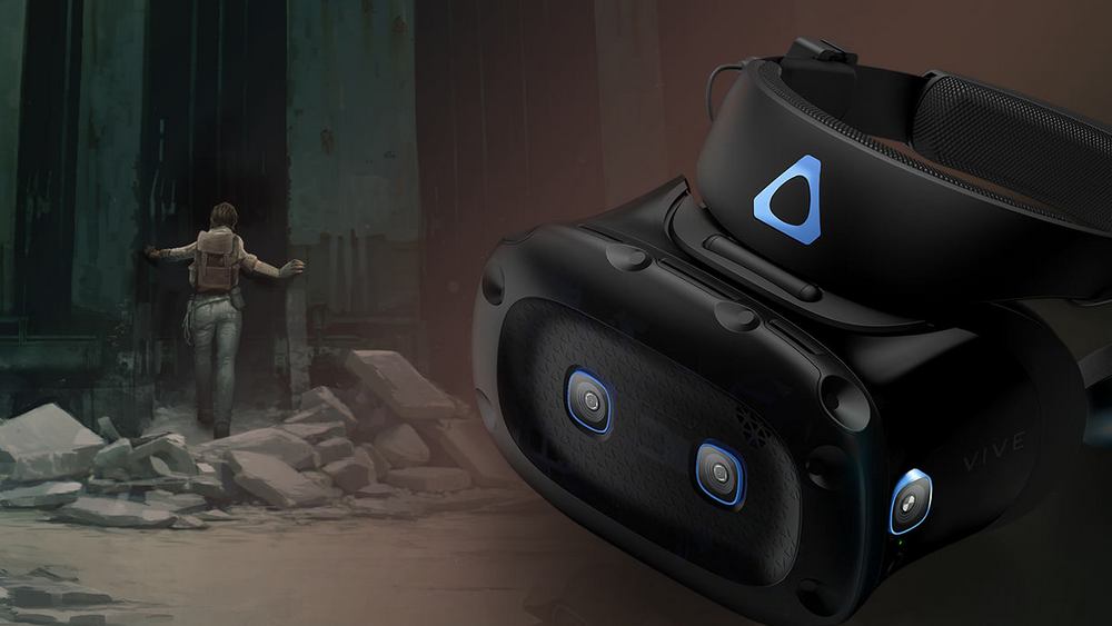 Im Vordergrund sieht man eine VR-Brille Vive Cosmos Elite, im Hintergrund Alyx aus Half-Life: Alyx