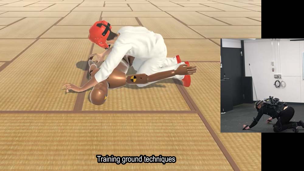 Ein virtueller Avatar drückt einen digitalen Crashtest-Dummy zu Boden und übt einen Aufgabegriff.