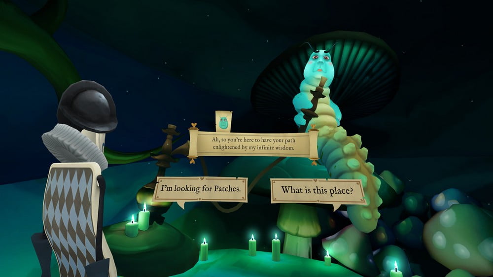 Gesprächsansicht in der ersten Person im VR-Spiel Down The Rabbit Hole