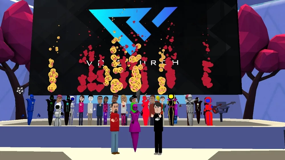 Gruppenbild mit Avataren von Teilnehmern an einem VR-Gottesdienst der Virtual Reality Church