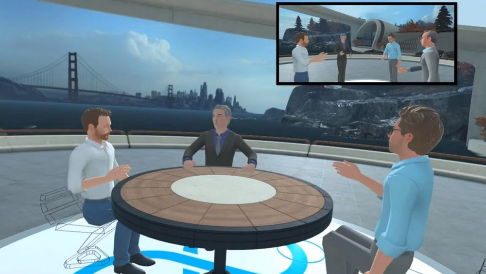 Drei virtuelle Personen sitzen in Vive Sync um einen Konferenztisch