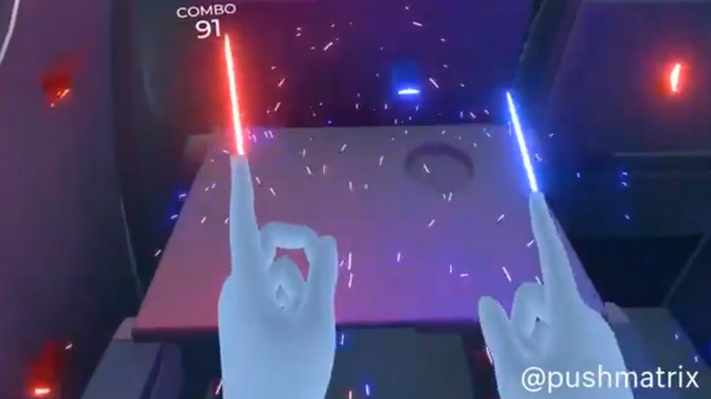 Virtuelle Hände spielen voa Oculus Quest Handtracking mit Mini-Lichtschwertern, die aus den Zeigefingern kommen, Beat Saber