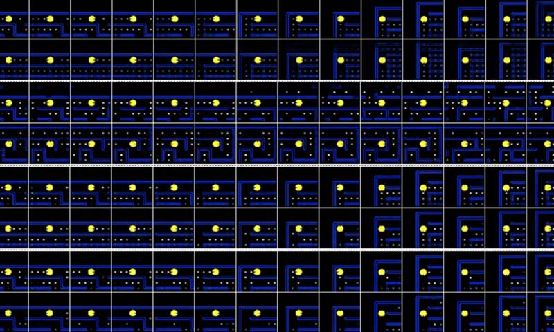 Nvidias GameGAN-KI sah einer Spiele-KI 50.000 Stunden beim Pac-Man zocken zu und protokollierte parallel die Bewegungseingaben. So lernte sie, das Videospiel visuell Bild für Bild interaktiv zu klonen - ohne Zugang zum Quellcode. Bild: Nvidia