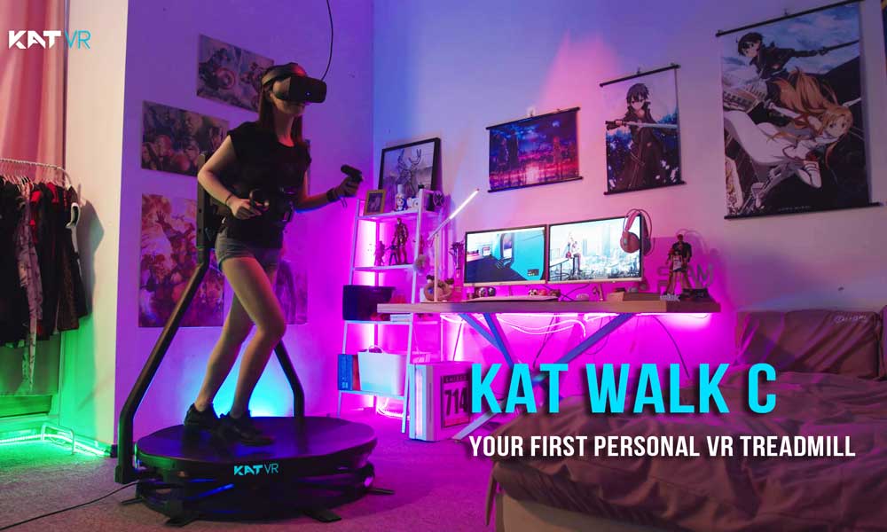 Kat Walk C ist ein kompaktes VR-Laufband für die eigene Wohnung. Es unterstützt gängige PC-VR-Brillen und Sonys Playstation VR.