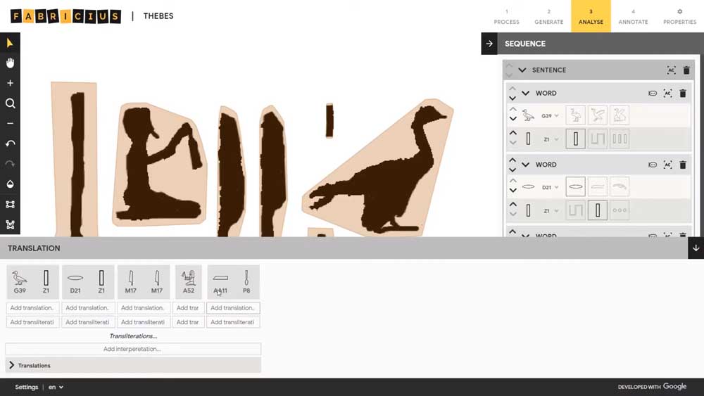 So sehen die Hieroglyphen aus, nachdem sie mit KI-Unterstützung aus einer Fotographie isoliert und identifiziert wurden. | Bild: Google.