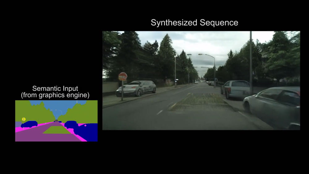 Nvidias KI generiert aus der semantischen Maske eine Straßenszene. | Bild: Nvidia.