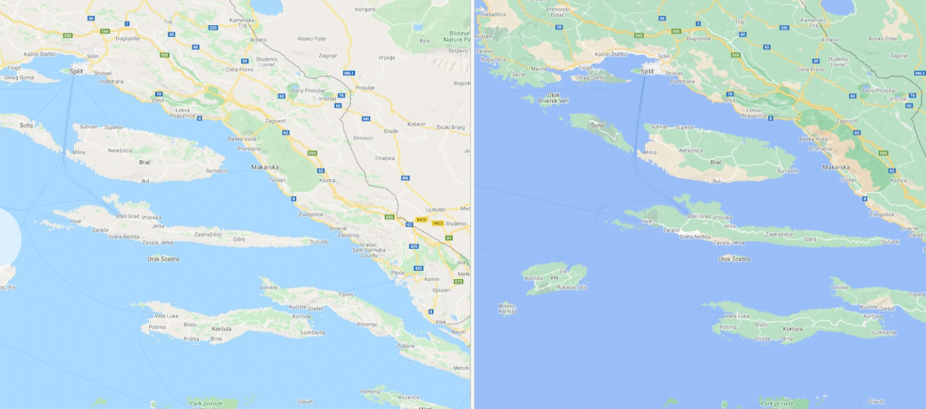 Die Karte von Kroatiens Küste, dargestellt auf Google Maps.