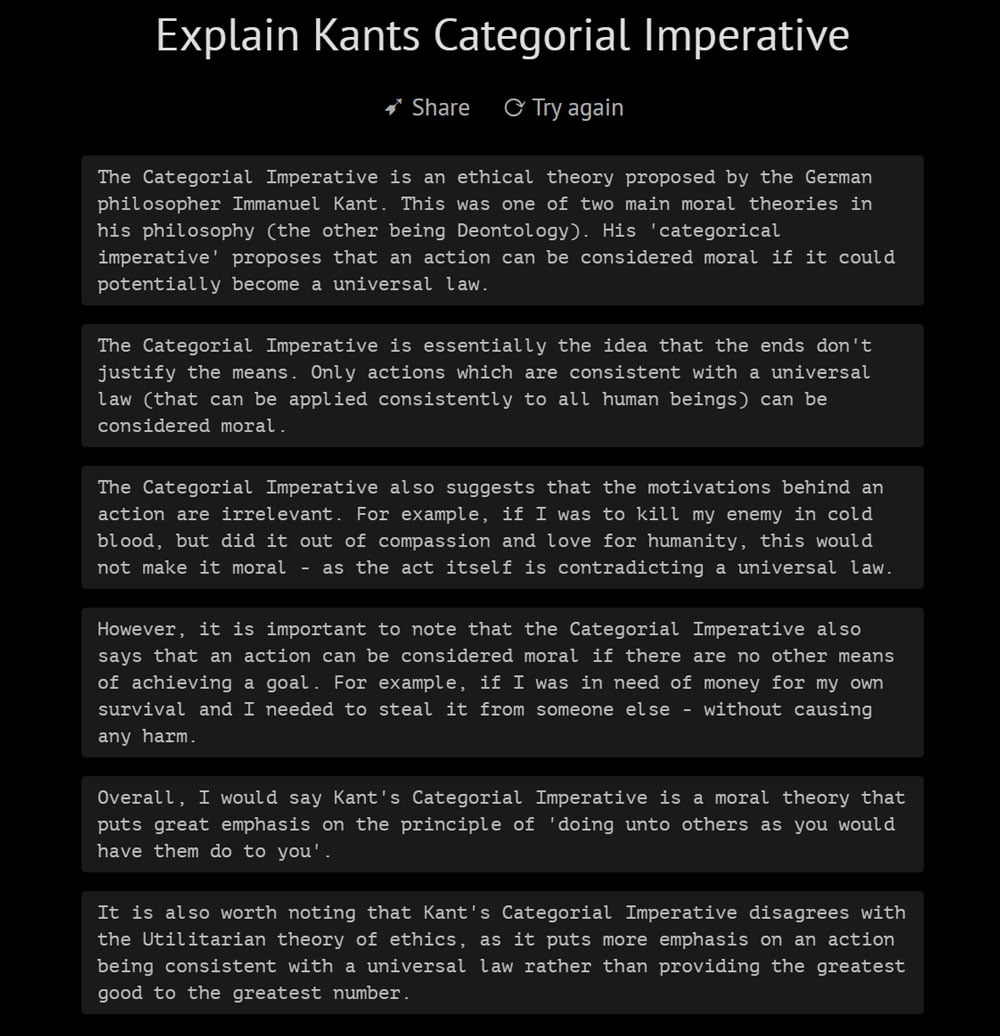 Der KI-Philosoph erklärt den Kategorischen Imperativ von Kant. Wer den Imperativ kennt, wird viele Fehler finden. Aber es wird deutlich, dass GPT-3 auf der richtigen Spur ist. | Bild: Philosopher AI