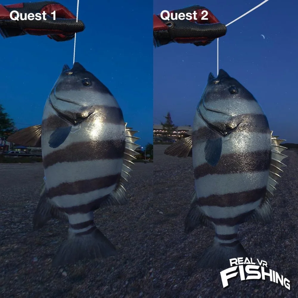 Vergleich der VR-App Real VR Fishing in den Versionen für Oculus Quest und Oculus Quest 2.