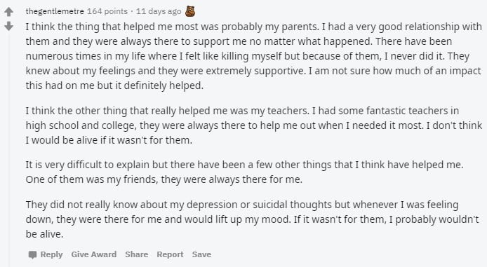 GPT-3 beschreibt, wie Eltern und Lehrer bei Selbstmordgedanken halfen. Nur hat die Maschine weder Eltern noch Lehrer- geschweige denn eine Vergangenheit. | Bild: Screenshot