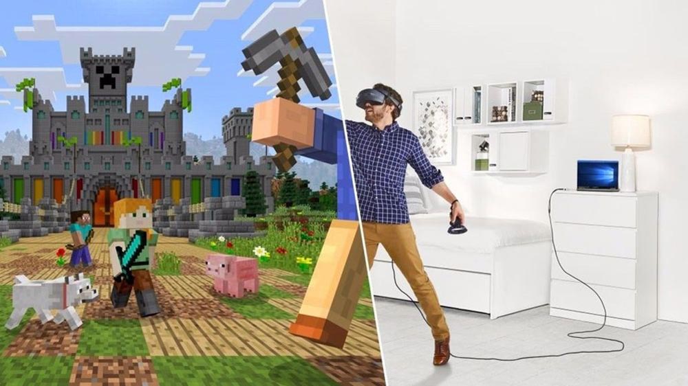 Ein Spieler mit VR-Brille in Minecraft VR