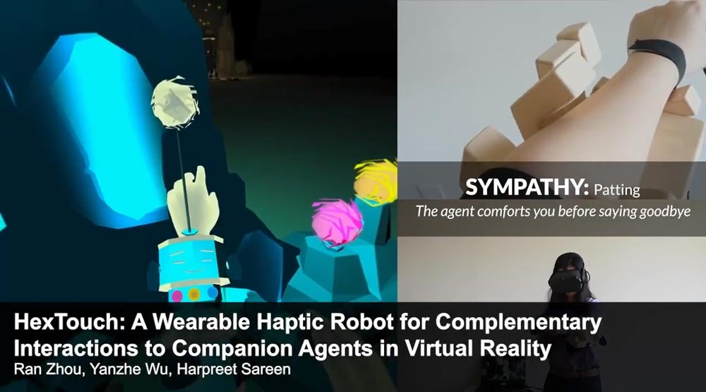 Am eigenen Unterarm sitzt eine Art haptisches Armband, in VR wird es zum Roboterfreund. | Bild: via Siggraph Asia