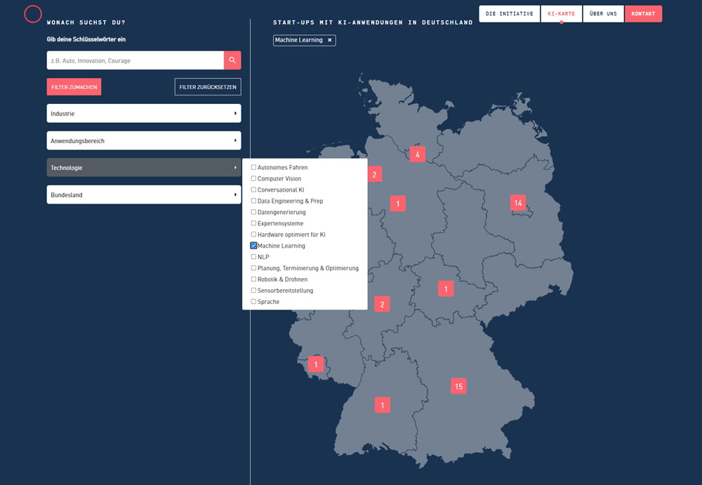 KI-Landkarte des KI Park Deutschland mit Filter