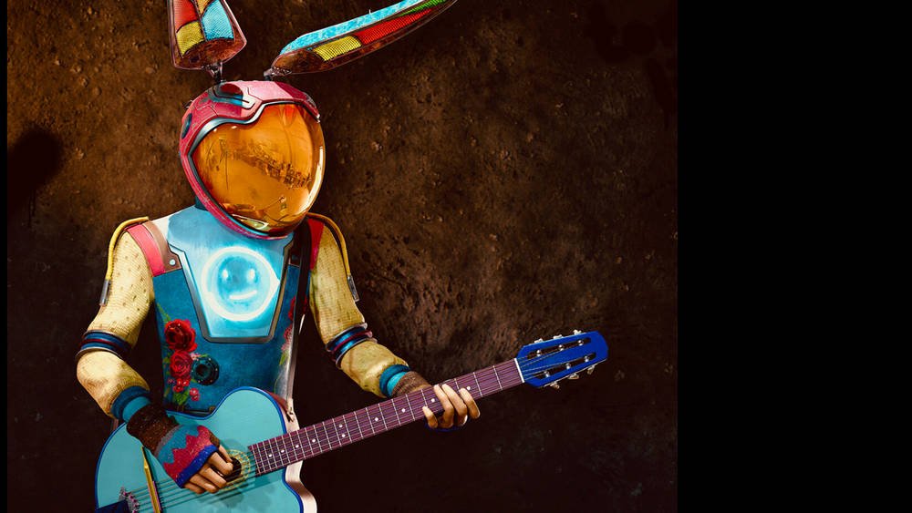 Künstliche KI-Figur Jako Vega von Sun and Thunder, mit Gitarre