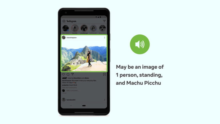 Das Blid eines Smartphones mit einem offenen Instagram Feed und einem Bild. Das Bild ist markiert, rechts daneben steht ein Text, der das Bild passend beschreibt.