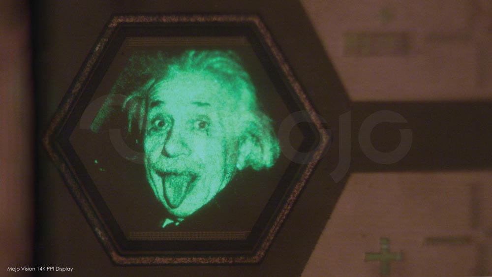 Ein monochromes Bild von Albert Einstein auf dem sandkorngroßen Display von Mojo Vision.