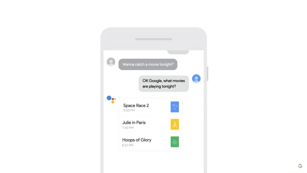 Eine Grafik zeigt ein Smartphone, auf der eine Interaktion mit dem Google Assistant stattfindet.