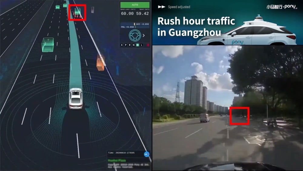 Eine Fahrt eines autonomen Fahrsystems von Pony.ai im Vergleich: Links die Visualisierung des Systems, rechts die realen Kamerabilder der Fahrt. 