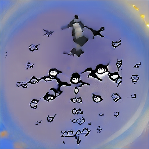 Verwendete Beschreibung: "a flying penguins over his friends"