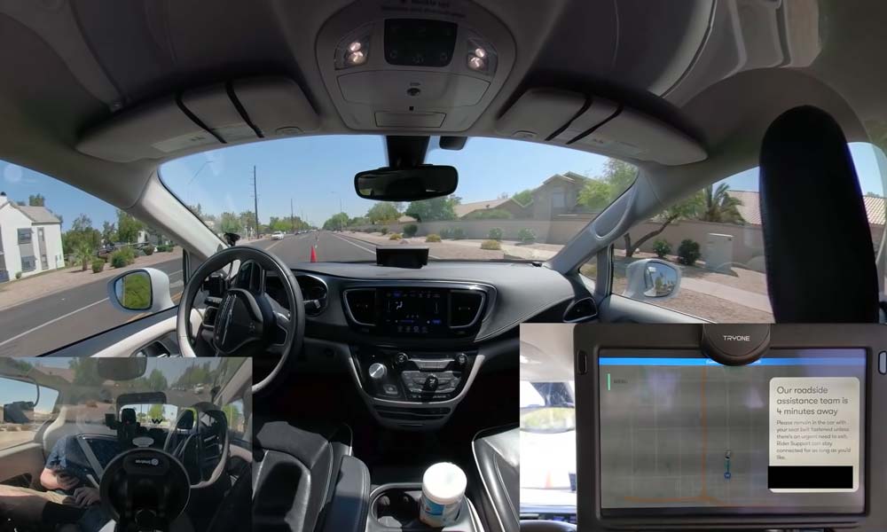 Blick aus dem Cockpit eines Waymo-Taxis auf die Straße