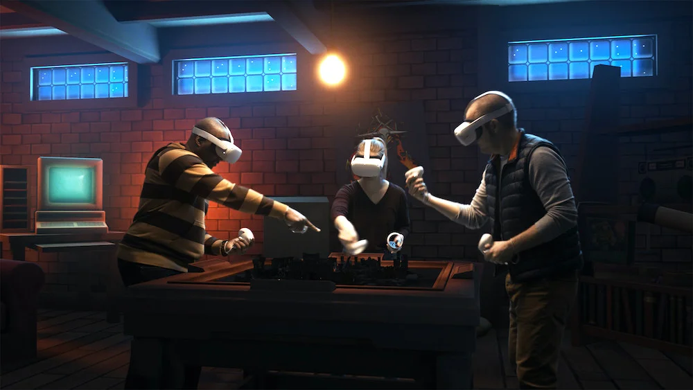 Drei Spieler spielen in virtueller Umgebung Demeo.