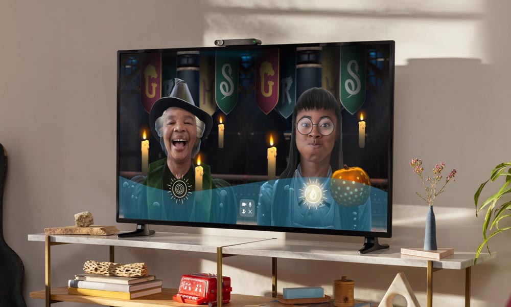 Digitale Harry Potter Masken auf einem TV auf zwei Videotelefonierende gelegt.