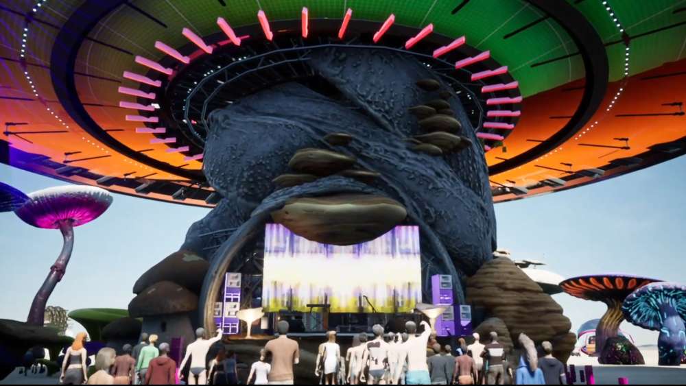 Eine digitale Bühne des virtuellen Burning Man Festivals.