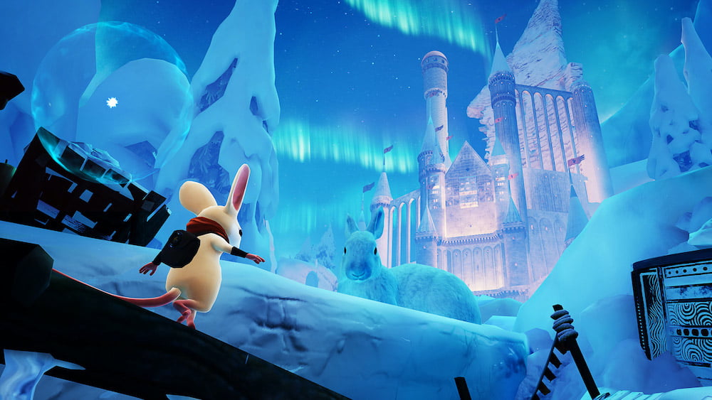 Die Maus Quill balanciert eine Rampe hinunter, im Hintergrund ein märchenhaftes Schloss.