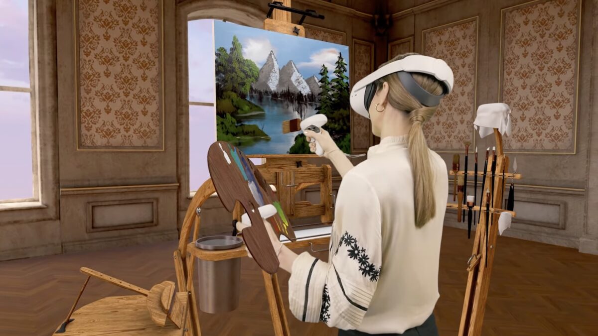 Eine Frau malt mit Quest 2 auf einer virtuellen Staffelei.