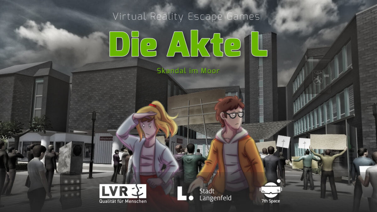 Zwei junge Comicfiguren stehen vor der virtuellen Nachbildung des Langenfelder Rathauses im VR Escape Room "Die Akte L"