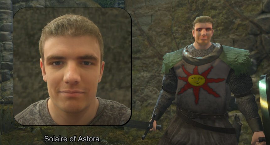 Ein Videospielcharakter und sein KI-generiertes Porträt