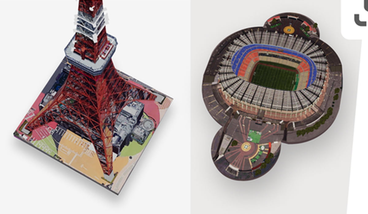 3D-Modelle des Toko Towers und eines Stadions