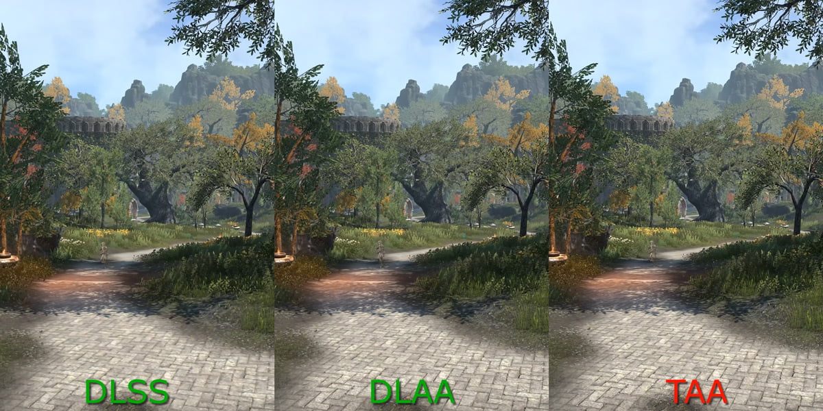 Ein Vergleichsbild mit drei identischen Szenen nebeneinander, bei denen DLSS, DLAA und TAA die Kanten glätten. Bei DLAA sind kaum mehr Kanten zu sehen.