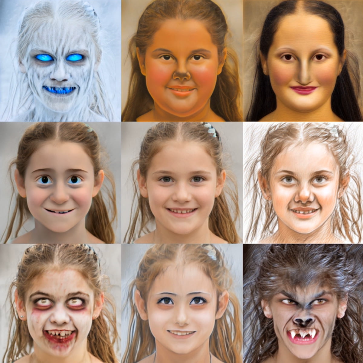 KI-generierte Porträtfotos in verschiedenen Versionen wie etwa als Mensch, Werwolf oder Zombie