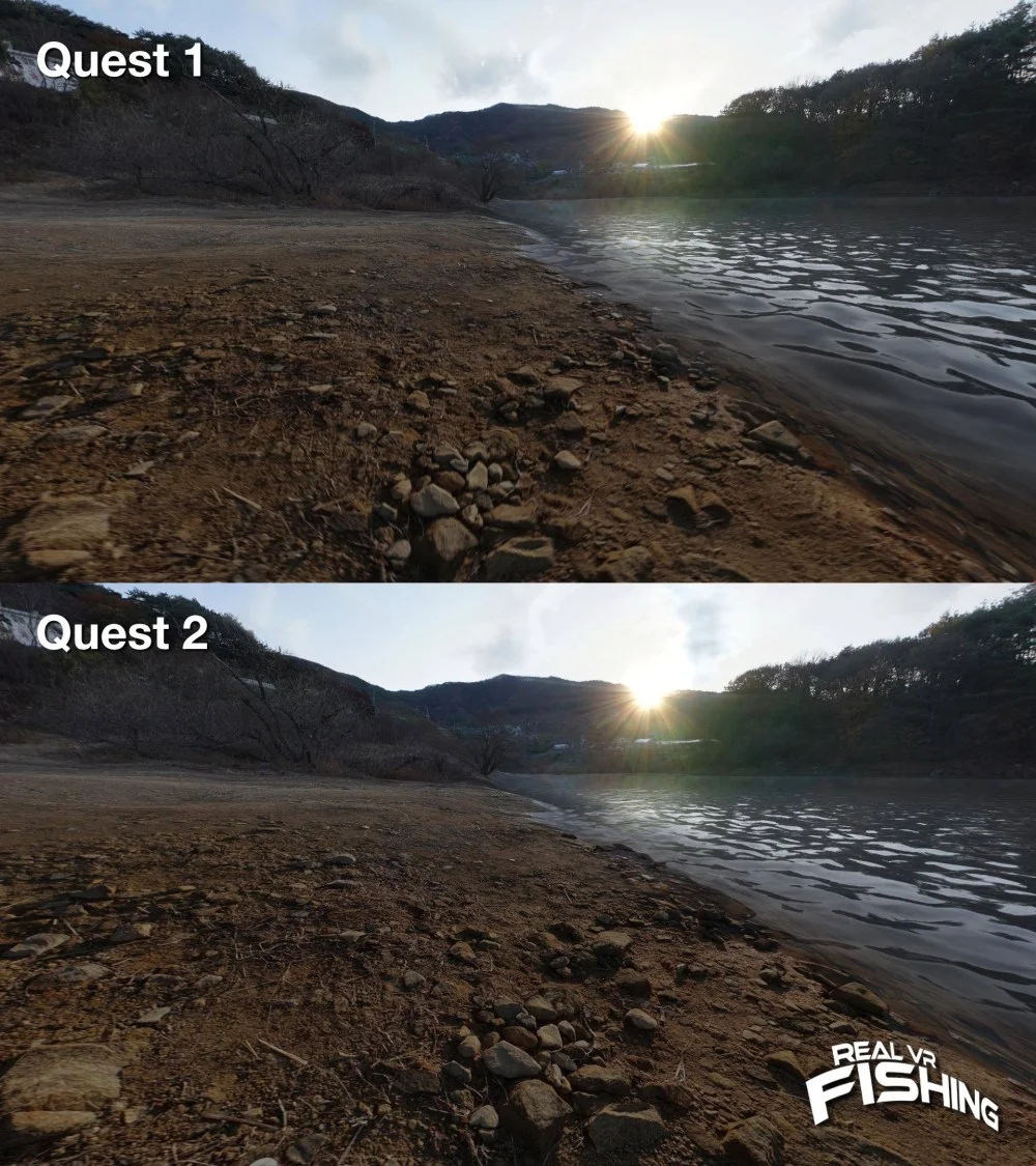Vergleich der VR-App Real VR Fishing in den Versionen für Oculus Quest und Oculus Quest 2.