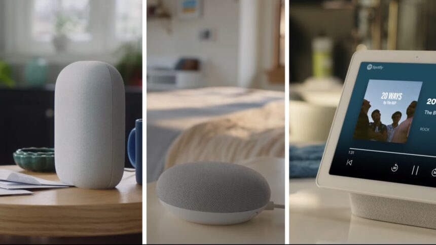 Die Smart Speaker Google Nest Audio und Nest Mini neben dem Smart Display Nest Hub 2.