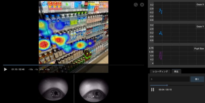 Ein Computer-Interface mit einem gefilmten Augenpaar und einer Heatmap, die zeigt, wo die Augen hinblicken.
