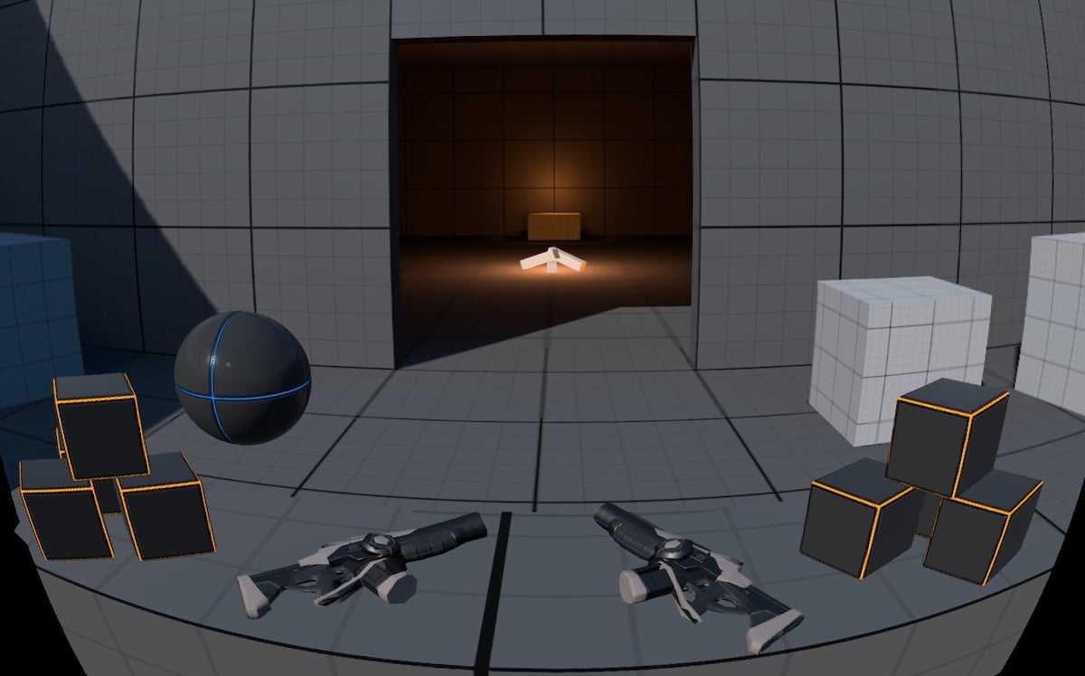 Virtueller Testraum mit Waffen und physischen Objekten