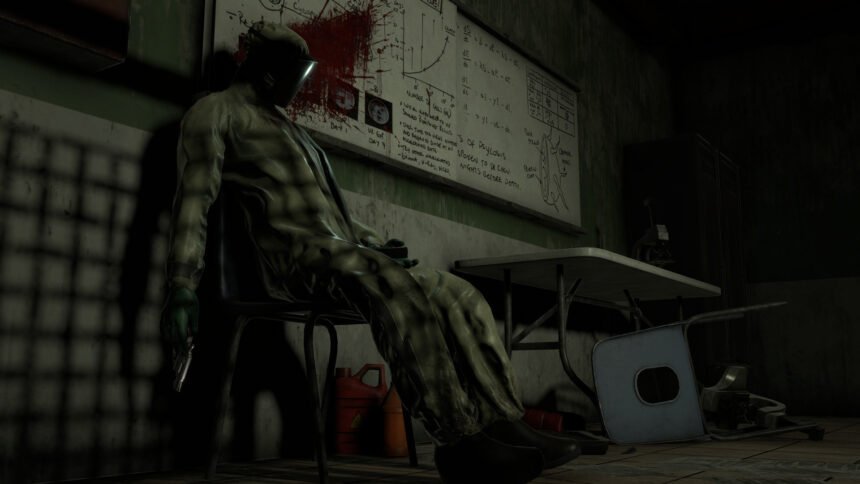 Der Spieler stößt in einem heruntergekomenen Anstalt auf ein Selbstmordopfer.