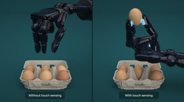 Eien Roboter Hand ohne Fühlsensor lässt ein rohes Ei fallen. Die Roboterhand mit Fühlhsensor hält da Ei erfolgreich fest.