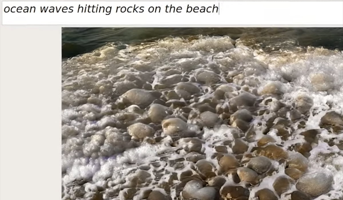 Eine Textzeile beschreibt einen steinigen Strand, die Bild-KI gibt ein dazu passends Bild aus.